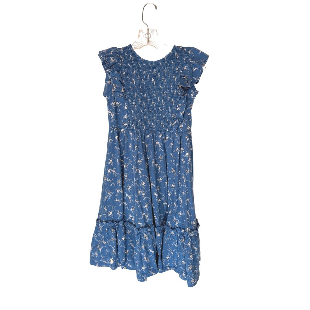 Polo Ralph Lauren Dress Girl's Smocked Blue Floral Print Ruffle Cotton Large